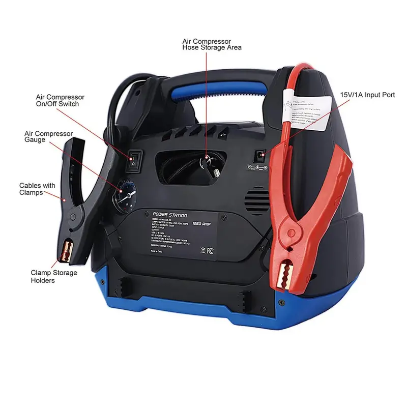 1800A Portable Jump Starter with Integrated Air Compressor: Heavy-Duty Battery Booster for Gas and Diesel Vehicles