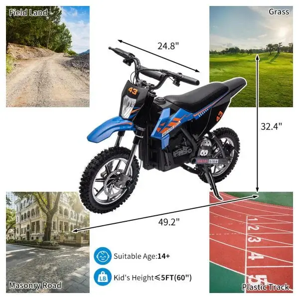36V Kids’ Electric Dirt Bike – 350W Motor, 15.5 MPH Max Speed, LED Lighting & 175-Lb Load Capacity (Blue)