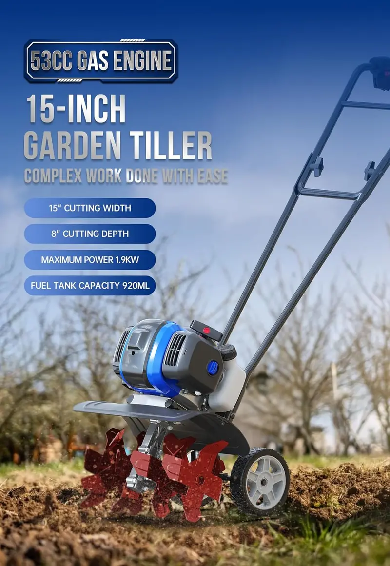 53cc Gas-Powered Mini Tiller with 15-Inch Width and Adjustable Handle for Efficient Lawn and Soil Cultivation 2