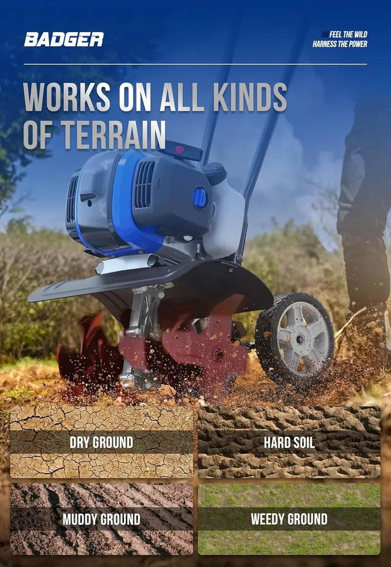 53cc Gas-Powered Mini Tiller with 15-Inch Width and Adjustable Handle for Efficient Lawn and Soil Cultivation