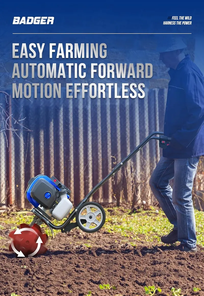 53cc Gas-Powered Mini Tiller with 15-Inch Width and Adjustable Handle for Efficient Lawn and Soil Cultivation