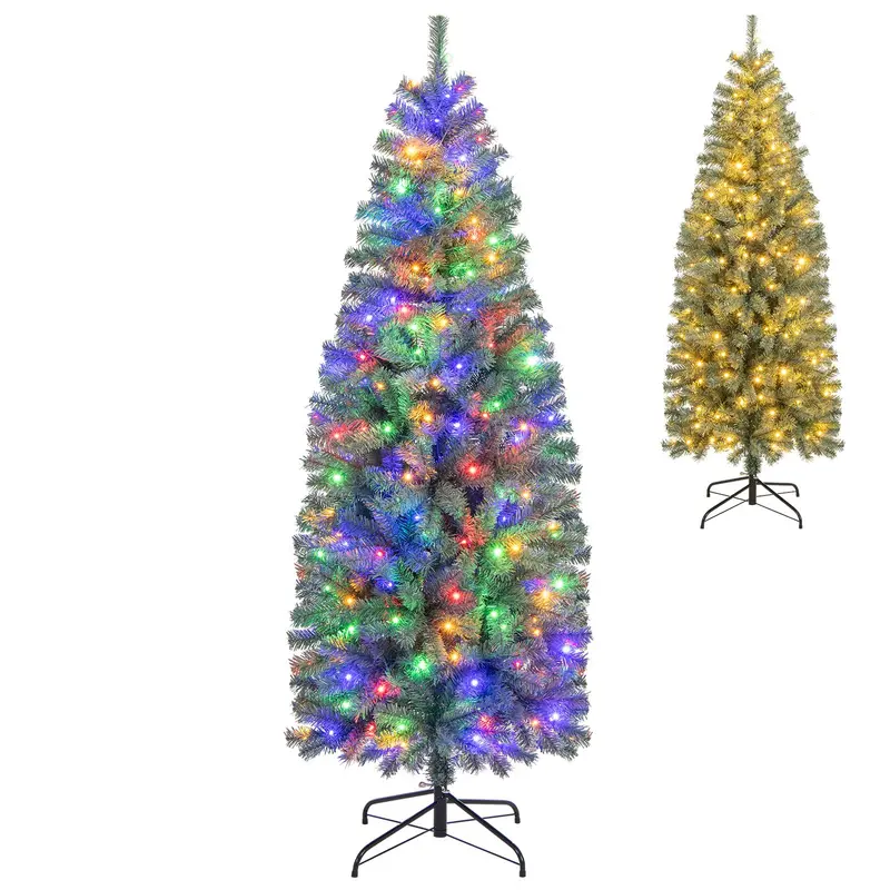 6.5-Foot Blue Slim Pencil Christmas Tree – Pre-Lit with 200 Warm White & Multicolor LEDs, 9 Lighting Options, 556 Branch Tips