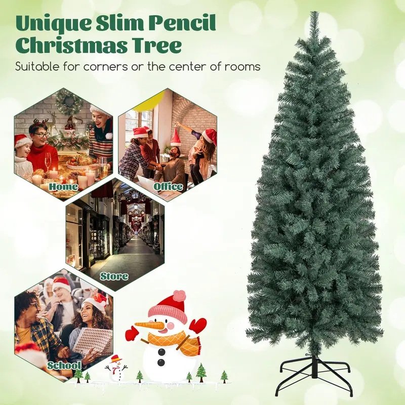 6.5-Foot Blue Slim Pencil Christmas Tree – Pre-Lit with 200 Warm White & Multicolor LEDs, 9 Lighting Options, 556 Branch Tips