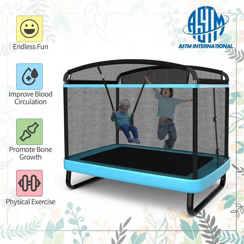 6-Foot ASTM-Certified Kids' Trampoline – Rectangular Bounce Pad with Enclosure Net, Swing Attachment, and 220 lb Weight Limit (Ages 3–8)