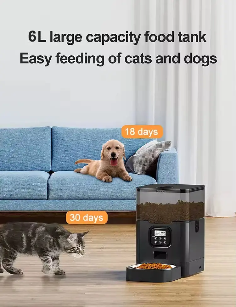 6-Liter Automatic Cat Feeder Featuring Stainless Steel Dish, Programmable Dispensing, Voice Memo Function & LCD Control Panel