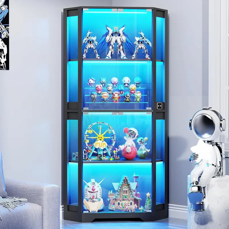 65-Inch Lighted Corner Curio Cabinet – Black Glass-Front Display Case with Adjustable LED Lighting (3 Colors), Motion Sensor & Four Shelving Levels
