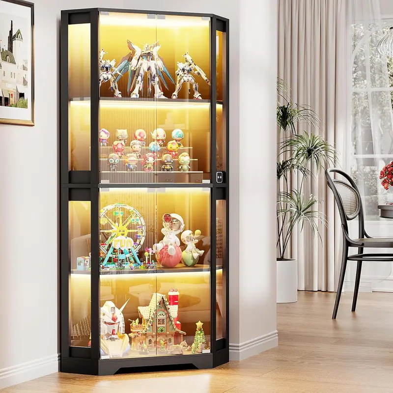 65-Inch Lighted Corner Curio Cabinet – Black Glass-Front Display Case with Adjustable LED Lighting (3 Colors), Motion Sensor & Four Shelving Levels 2