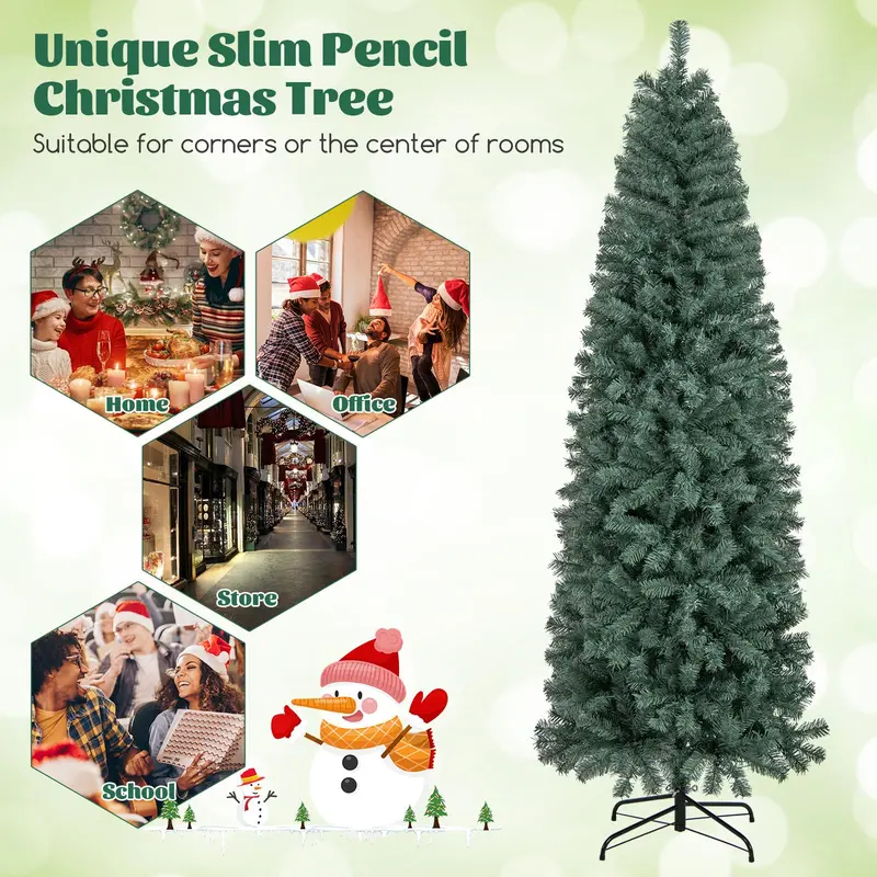 7.5-Foot Blue Slim Pencil Christmas Tree – Pre-Lit Design with 250 Warm White & Multicolor LEDs, 9 Modes, 724 Branch Tips