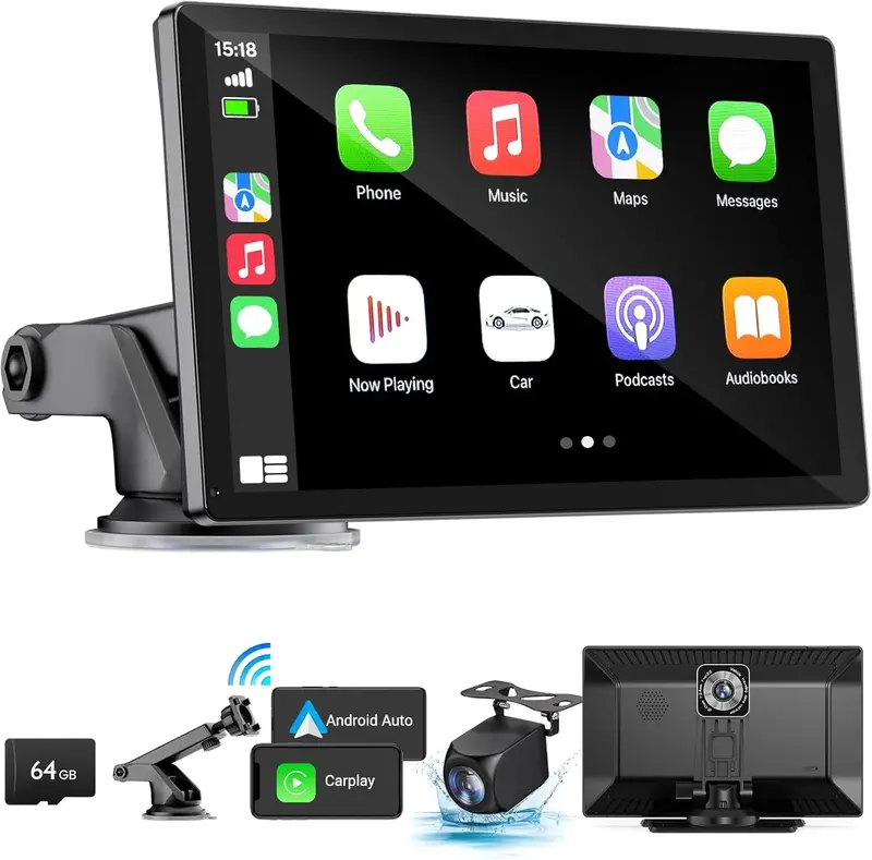 9-Inch Wireless Car Stereo with Apple CarPlay, Android Auto, 4K Dash Cam, and Backup Camera