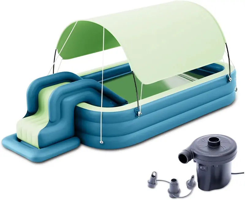 All-in-One Backyard Inflatable Water Park – Slide, Shade Awning, Bounce Castle & Splash Pool Combo