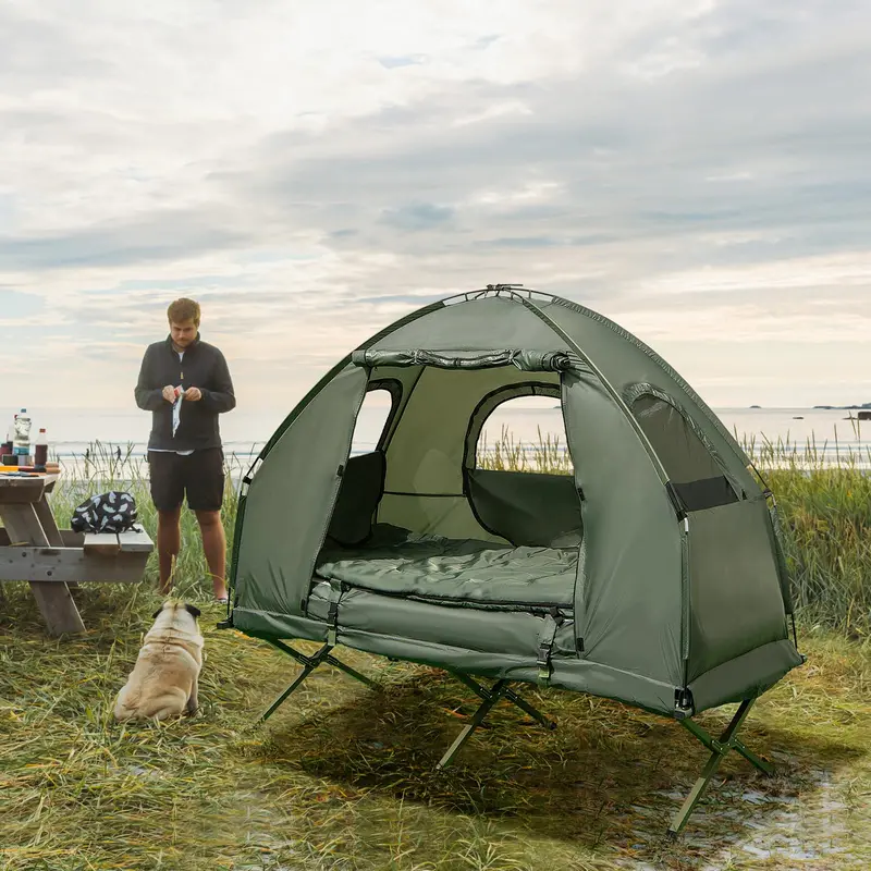 All-in-One Folding Camping Cot System with Inflatable Mattress, Pillow, and Insulated Sleeping Bag