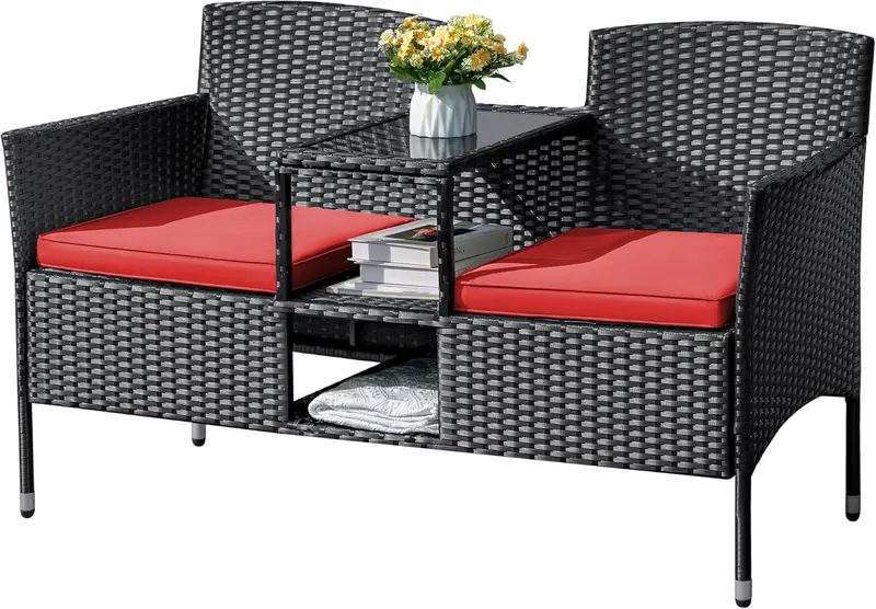 All-Weather Wicker Loveseat Set – Two-Seat Rattan Patio Bench with Center Table, Cushions, and Beige Finish