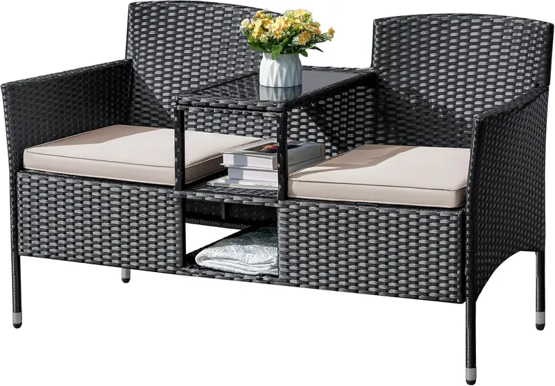 All-Weather Wicker Loveseat Set – Two-Seat Rattan Patio Bench with Center Table, Cushions, and Beige Finish