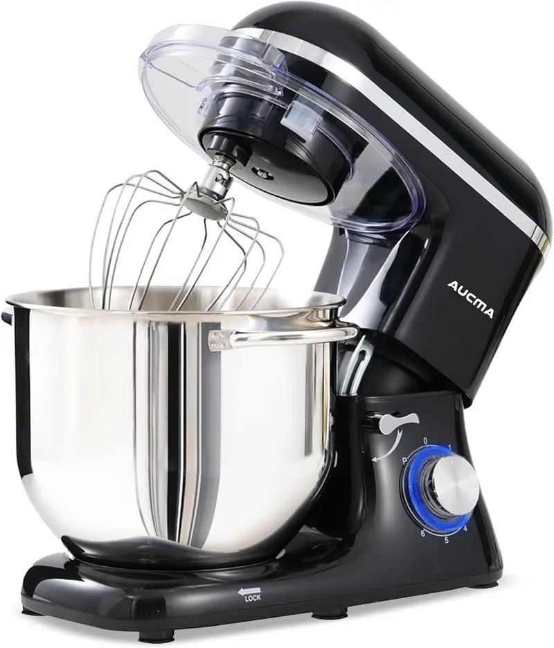 Aucma 6.5-Quart Tilt-Head Stand Mixer – 660W Motor, 6-Speed Precision Control, Includes Dough Hook and Polished Stainless Steel Bowl