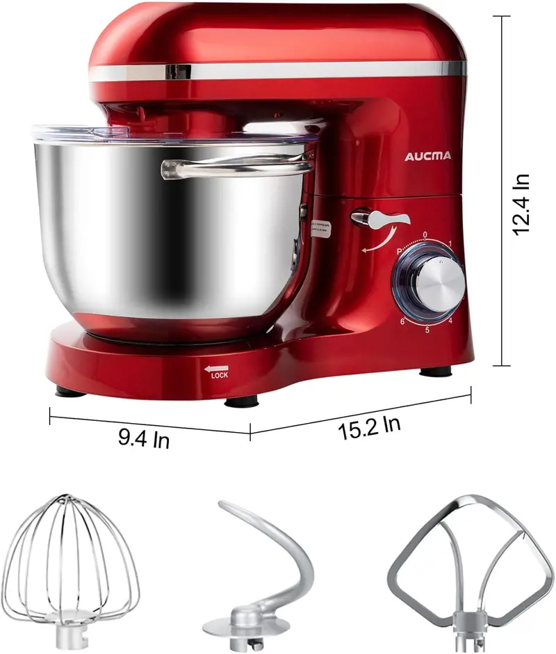Aucma 6.5-Quart Tilt-Head Stand Mixer – 660W Motor, 6-Speed Precision Control, Includes Dough Hook and Polished Stainless Steel Bowl