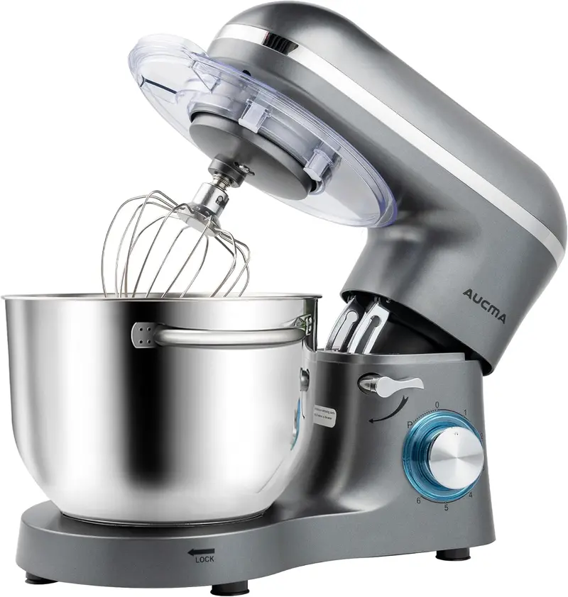 Aucma 6.5-Quart Tilt-Head Stand Mixer – 660W Motor, 6-Speed Precision Control, Includes Dough Hook and Polished Stainless Steel Bowl