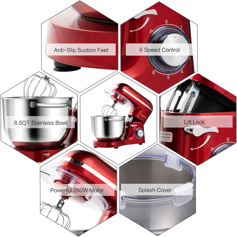 Aucma 6.5-Quart Tilt-Head Stand Mixer – 660W Motor, 6-Speed Precision Control, Includes Dough Hook and Polished Stainless Steel Bowl