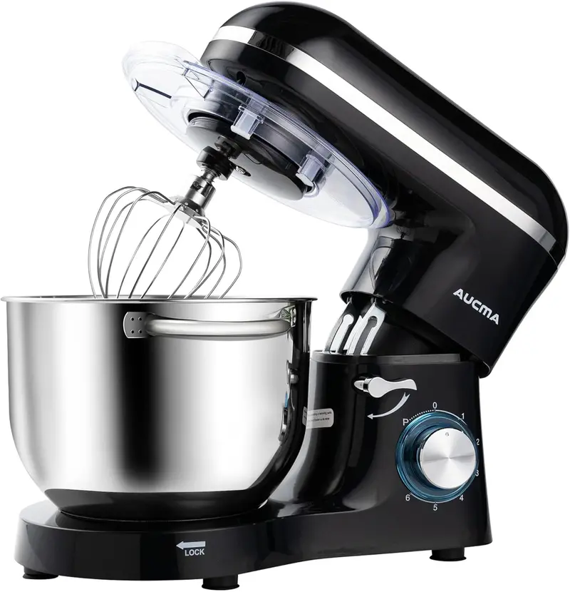 Aucma 6.5-Quart Tilt-Head Stand Mixer – 660W Motor, 6-Speed Precision Control, Includes Dough Hook and Polished Stainless Steel Bowl
