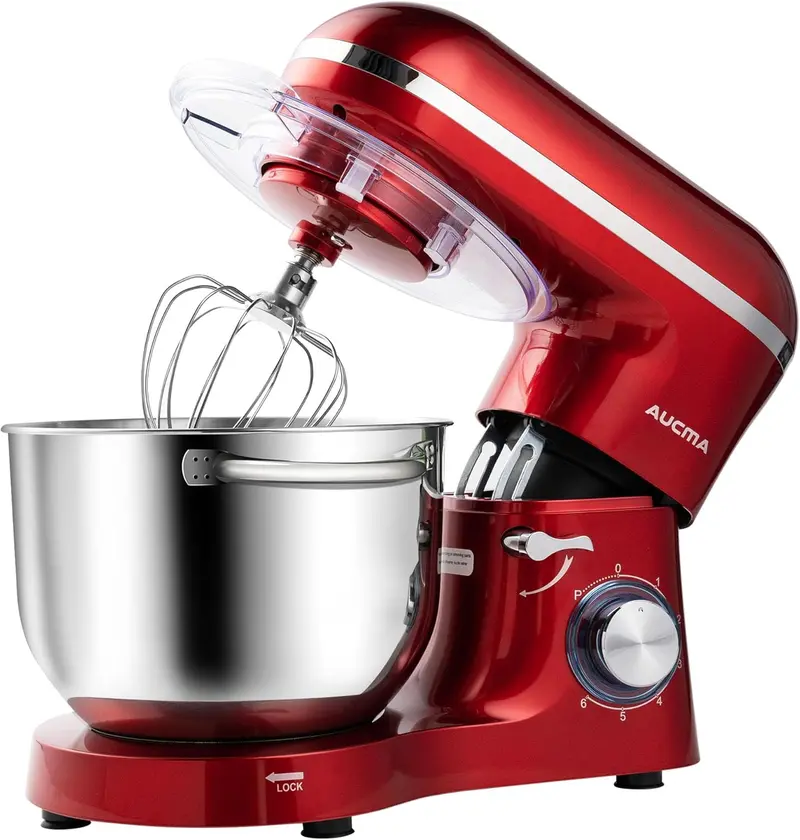 Aucma 6.5-Quart Tilt-Head Stand Mixer – 660W Motor, 6-Speed Precision Control, Includes Dough Hook and Polished Stainless Steel Bowl