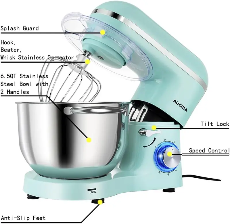 Aucma 6.5-Quart Tilt-Head Stand Mixer – 660W Motor, 6-Speed Precision Control, Includes Dough Hook and Polished Stainless Steel Bowl