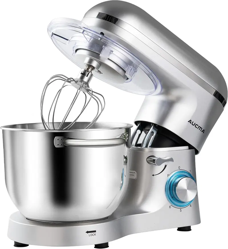 Aucma 6.5-Quart Tilt-Head Stand Mixer – 660W Motor, 6-Speed Precision Control, Includes Dough Hook and Polished Stainless Steel Bowl
