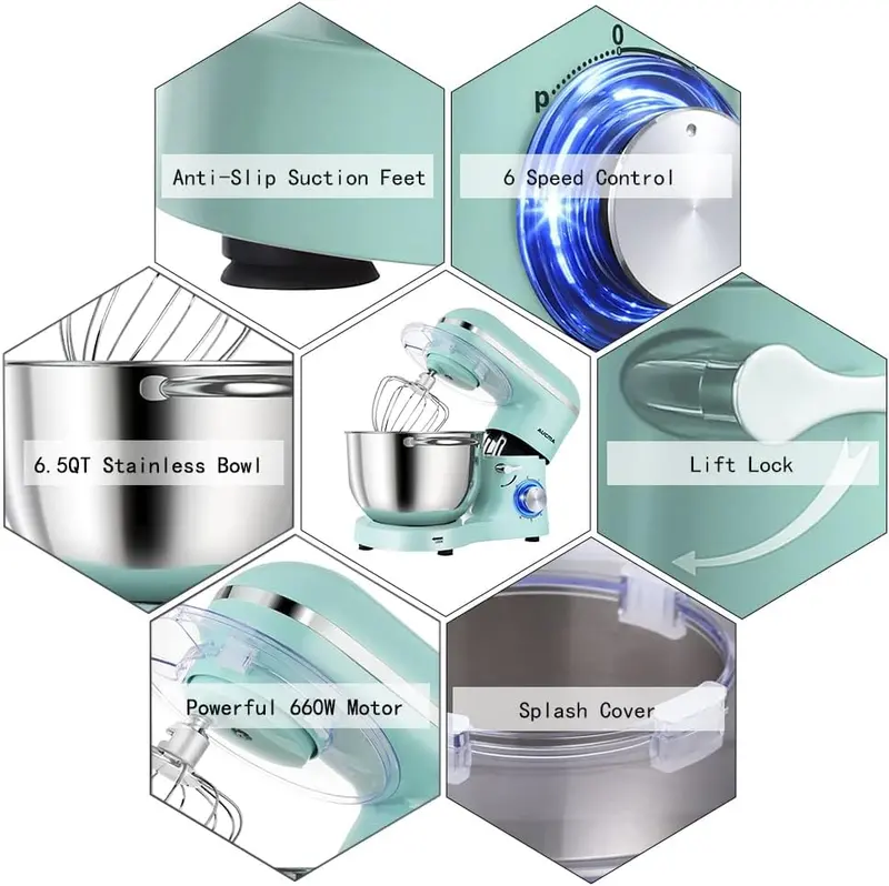 Aucma 6.5-Quart Tilt-Head Stand Mixer – 660W Motor, 6-Speed Precision Control, Includes Dough Hook and Polished Stainless Steel Bowl