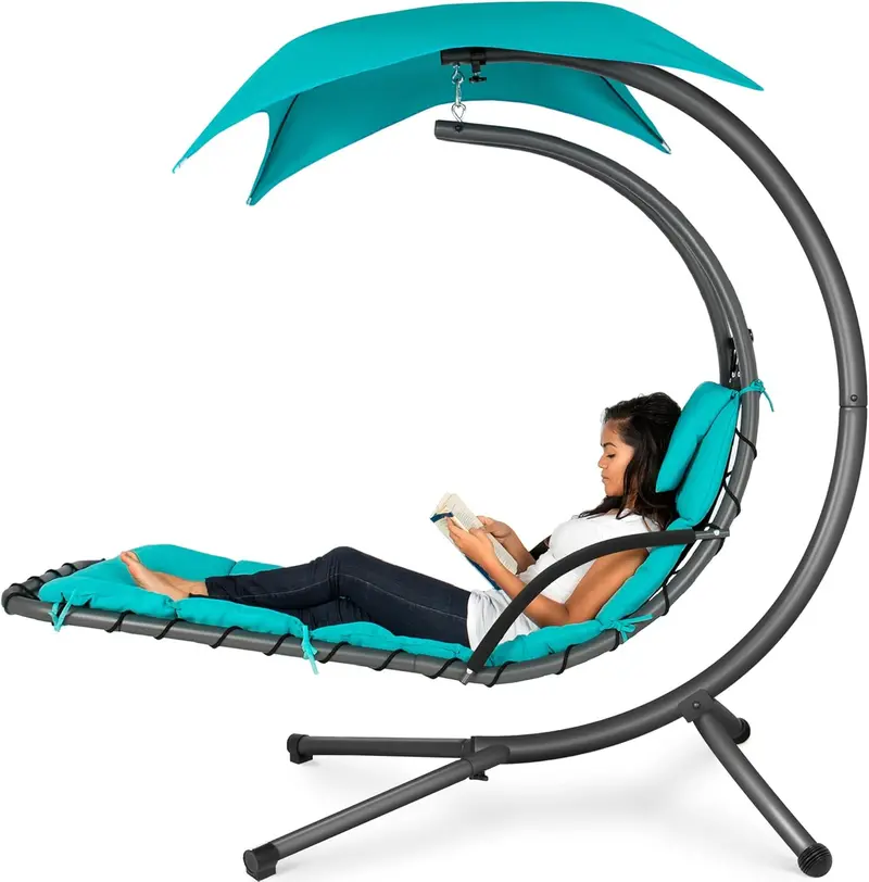 Best Choice Products Curved Steel Hanging Chaise Swing – Teal Outdoor Lounger with Detachable Canopy & Pillow