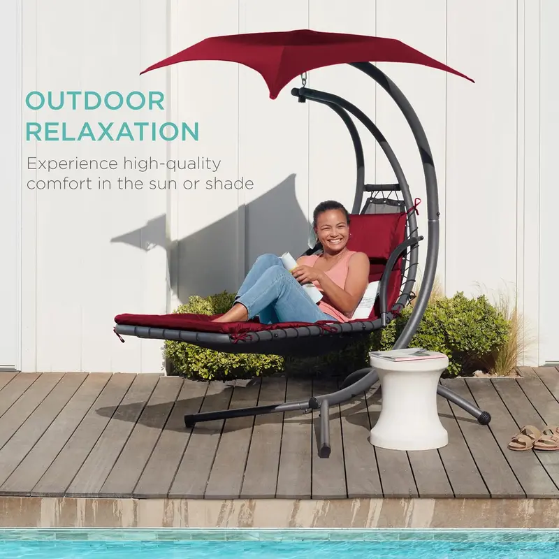 Best Choice Products Curved Steel Hanging Chaise Swing – Teal Outdoor Lounger with Detachable Canopy & Pillow