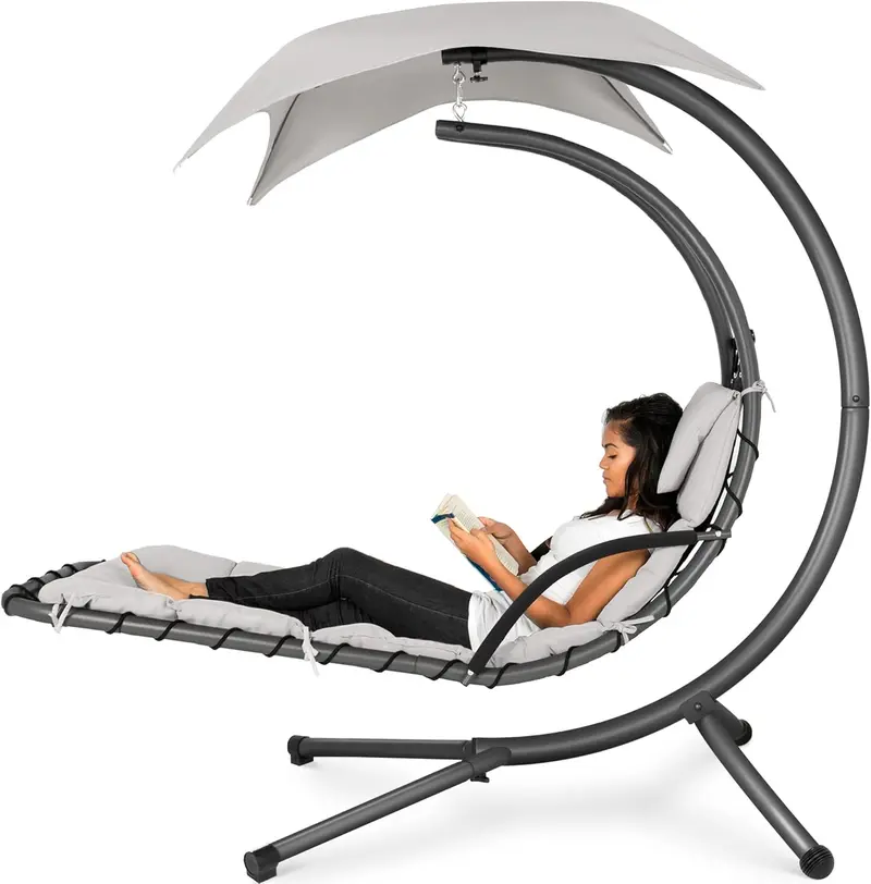 Best Choice Products Curved Steel Hanging Chaise Swing – Teal Outdoor Lounger with Detachable Canopy & Pillow