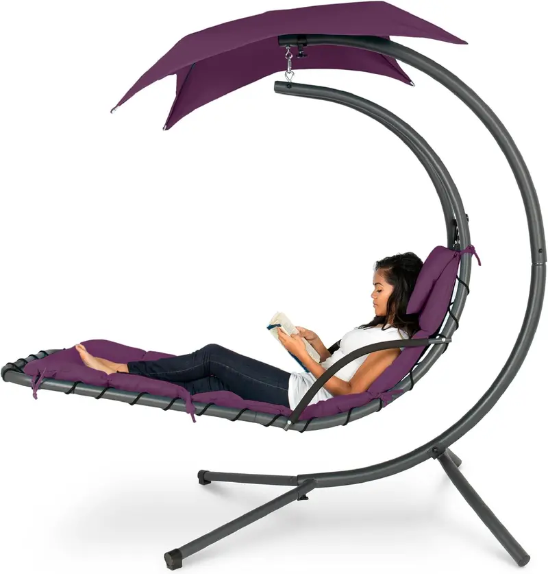 Best Choice Products Curved Steel Hanging Chaise Swing – Teal Outdoor Lounger with Detachable Canopy & Pillow