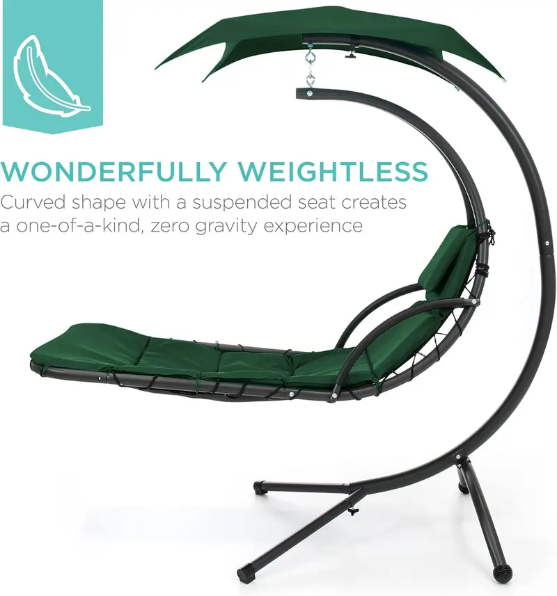 Best Choice Products Curved Steel Hanging Chaise Swing – Teal Outdoor Lounger with Detachable Canopy & Pillow