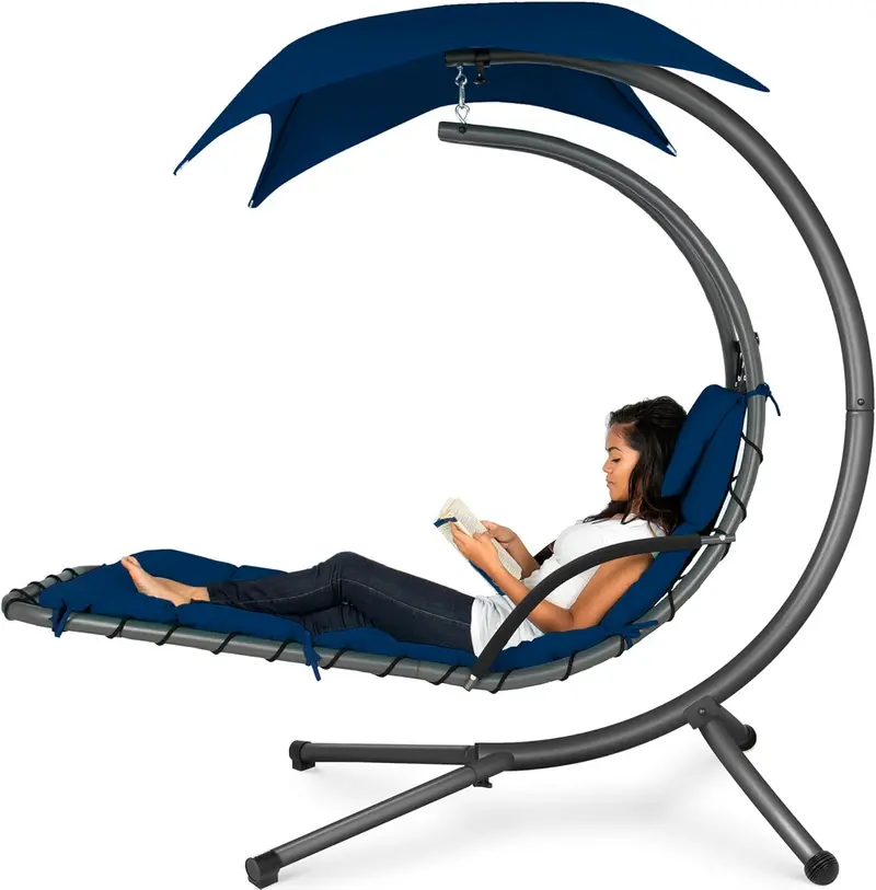 Best Choice Products Curved Steel Hanging Chaise Swing – Teal Outdoor Lounger with Detachable Canopy & Pillow