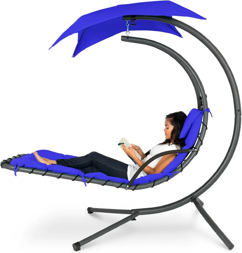 Best Choice Products Curved Steel Hanging Chaise Swing – Teal Outdoor Lounger with Detachable Canopy & Pillow