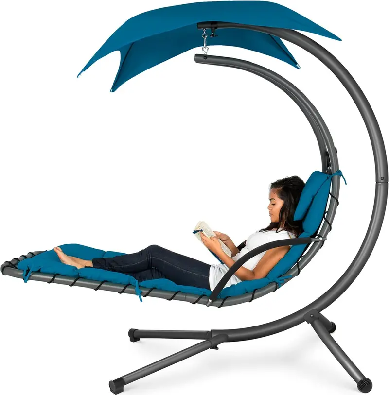 Best Choice Products Curved Steel Hanging Chaise Swing – Teal Outdoor Lounger with Detachable Canopy & Pillow