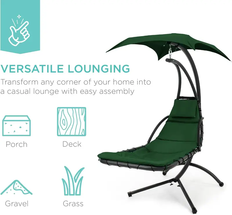 Best Choice Products Curved Steel Hanging Chaise Swing – Teal Outdoor Lounger with Detachable Canopy & Pillow
