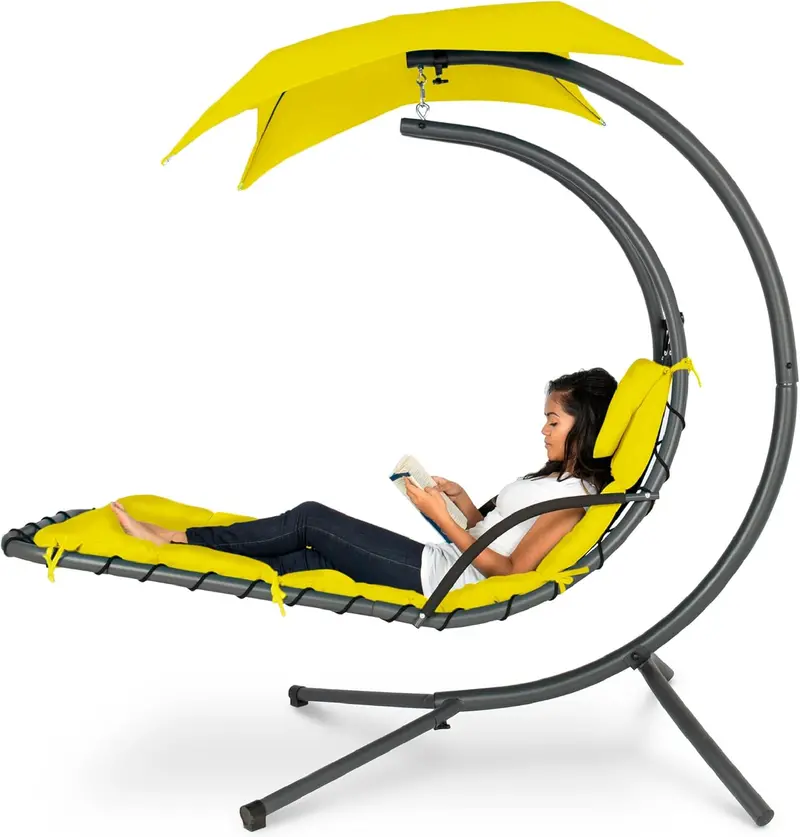 Best Choice Products Curved Steel Hanging Chaise Swing – Teal Outdoor Lounger with Detachable Canopy & Pillow