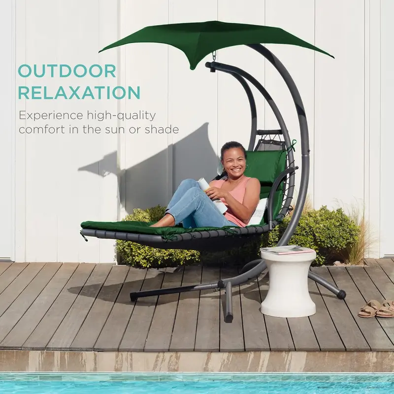 Best Choice Products Curved Steel Hanging Chaise Swing – Teal Outdoor Lounger with Detachable Canopy & Pillow