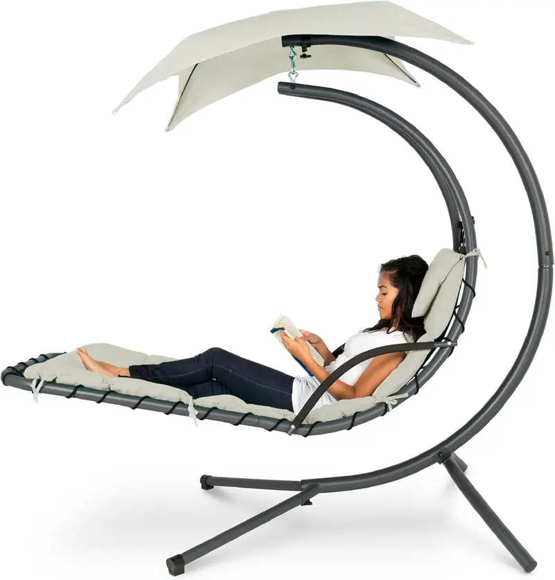 Best Choice Products Curved Steel Hanging Chaise Swing – Teal Outdoor Lounger with Detachable Canopy & Pillow