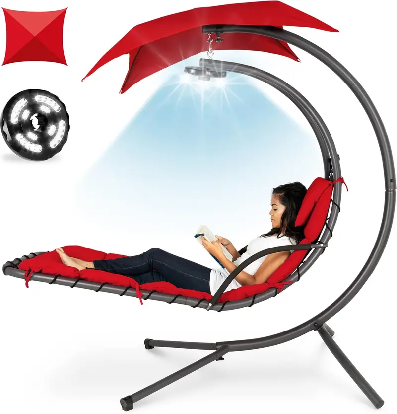 Best Choice Products Curved Steel Hanging Chaise Swing – Teal Outdoor Lounger with Detachable Canopy & Pillow