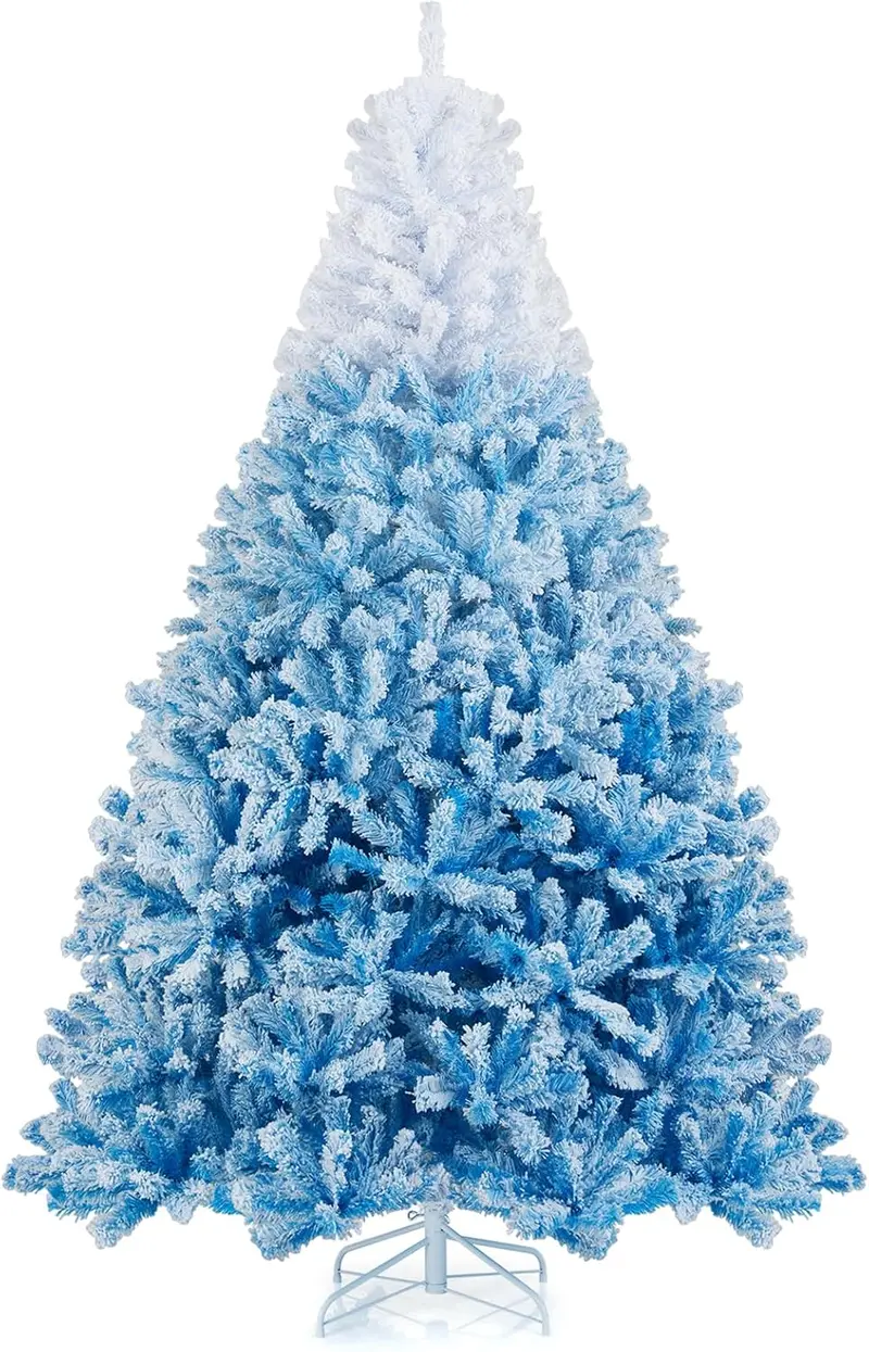 Blue-and-White Snow-Flocked Christmas Tree with Dense Tips and Collapsible Metal Stand