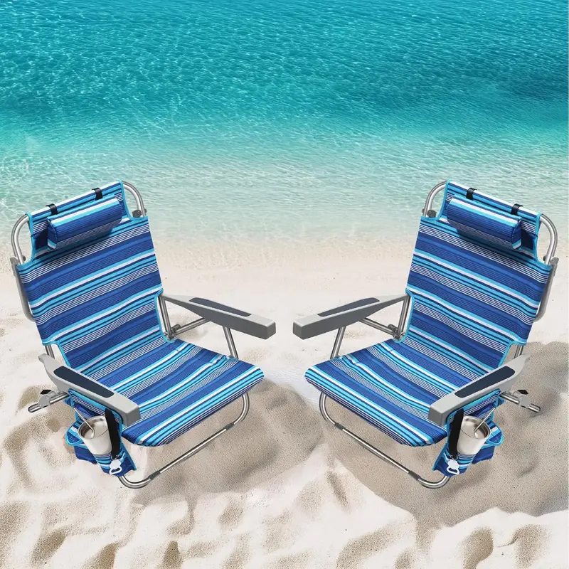 Blue Stripe Tall Aluminum Beach Chairs (2-Pack) – Lay-Flat Design with Cooler Pouch, Towel Bar & Smartphone Holder