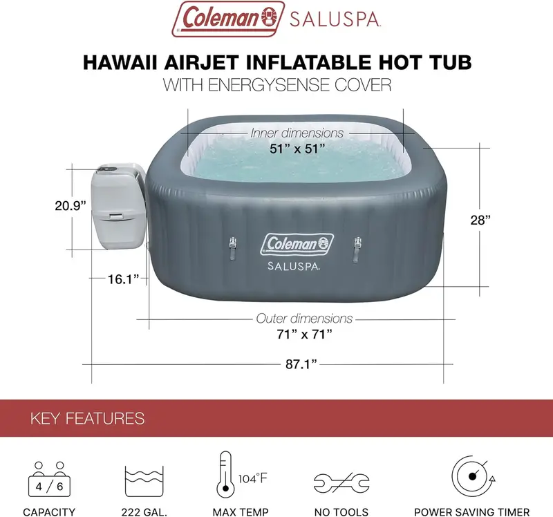 Coleman SaluSpa Atlantis Square Inflatable Hot Tub – Spacious 4–6 Person Outdoor Spa with 140 Jets 2