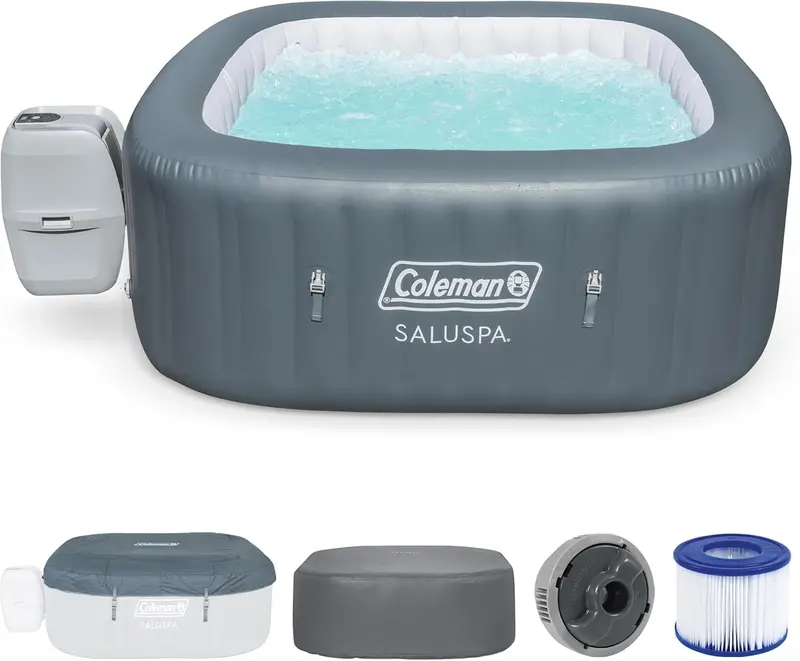 Coleman SaluSpa Atlantis Square Inflatable Hot Tub – Spacious 4–6 Person Outdoor Spa with 140 Jets
