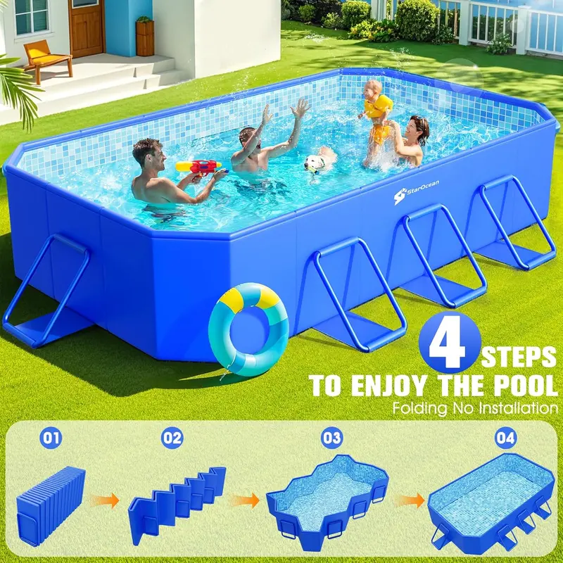 Collapsible Hard-Shell Backyard Pool – Non-Inflatable Folding Pool (115" x 66" x 20") with Mosaic Design for Kids & Adults
