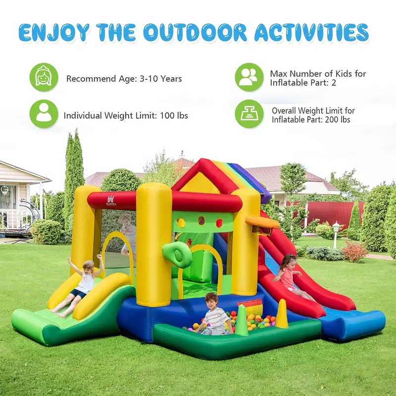 Costway Rainbow Kids’ Inflatable Bounce House – Play Castle Featuring 50 Ocean Balls and 735W High-Flow Blower