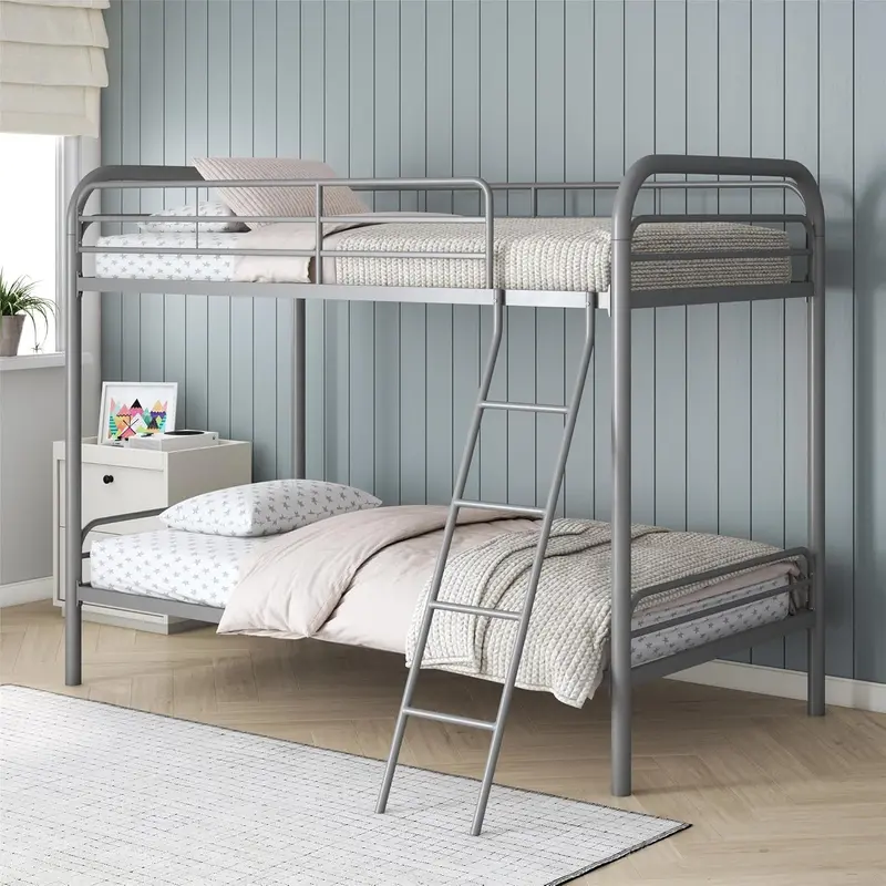 DHP Dusty Twin-Over-Full Bunk Bed – Industrial-Inspired Off-White Metal Frame with Integrated Ladder & Safety Rails 2