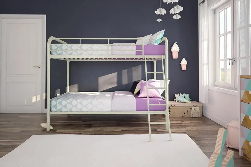 DHP Dusty Twin-Over-Full Bunk Bed – Industrial-Inspired Off-White Metal Frame with Integrated Ladder & Safety Rails