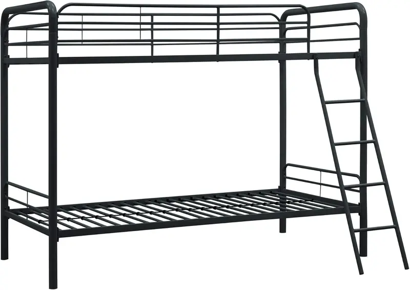 DHP Dusty Twin-Over-Full Bunk Bed – Industrial-Inspired Off-White Metal Frame with Integrated Ladder & Safety Rails