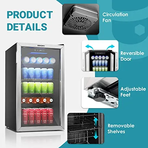 EUHOMY Glass-Door Beverage Cooler – 126-Can Capacity Mini Fridge for Kitchen, Office, or Dorm