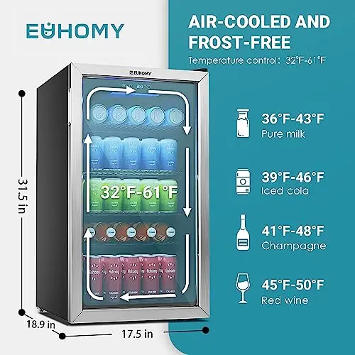 EUHOMY Glass-Door Beverage Cooler – 126-Can Capacity Mini Fridge for Kitchen, Office, or Dorm